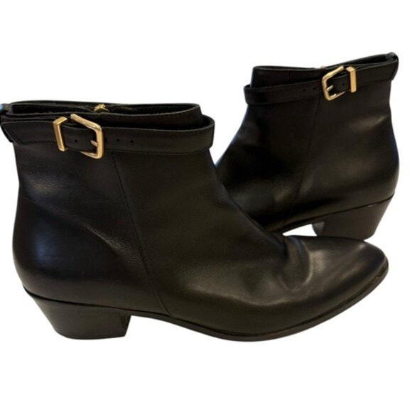 J Crew Womens Size 9.5 Bootie Heeled Italian Leather Black Side Zip With Buckle - Picture 3 of 11